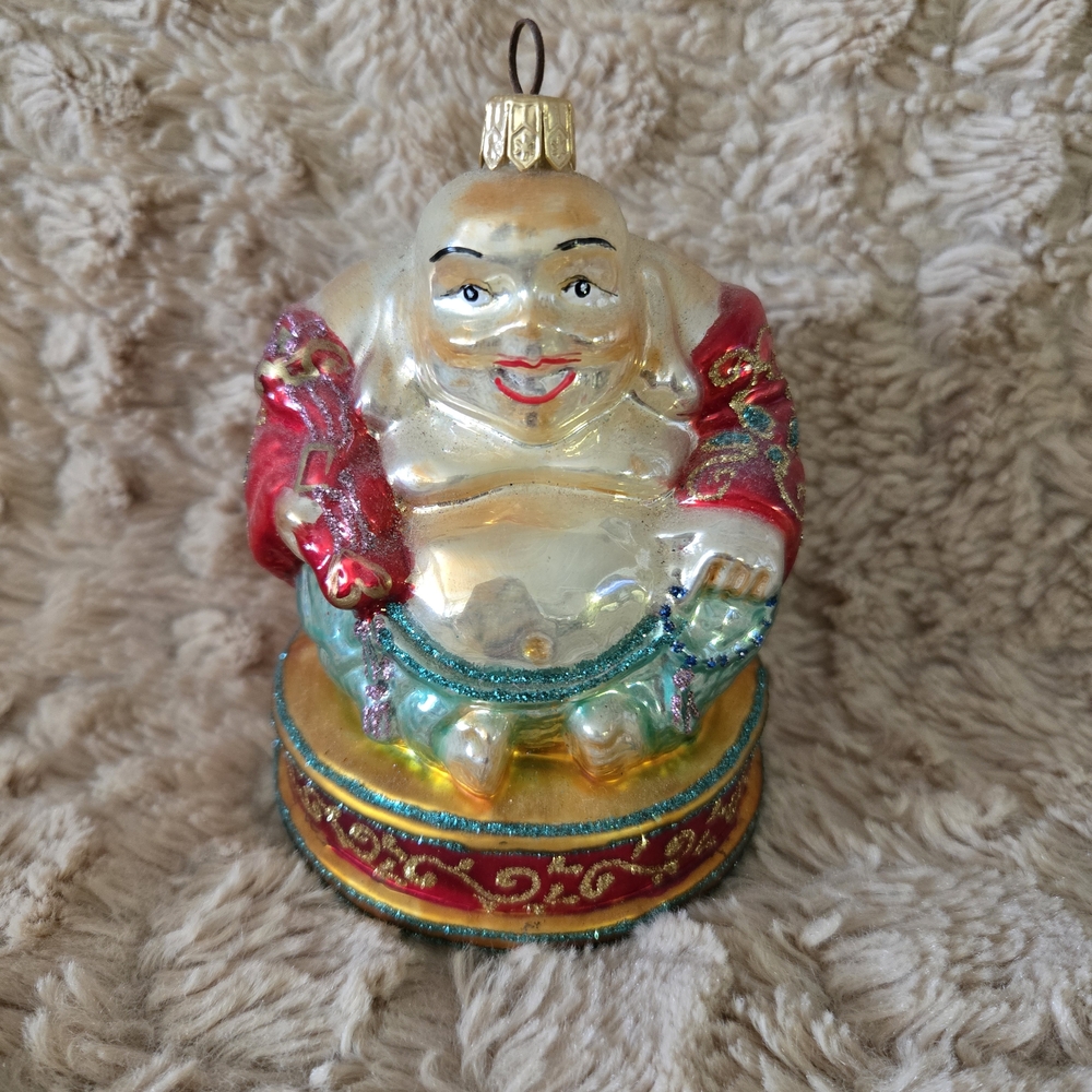 Joyful Holiday Buddha Ornament with Red and Gold Details